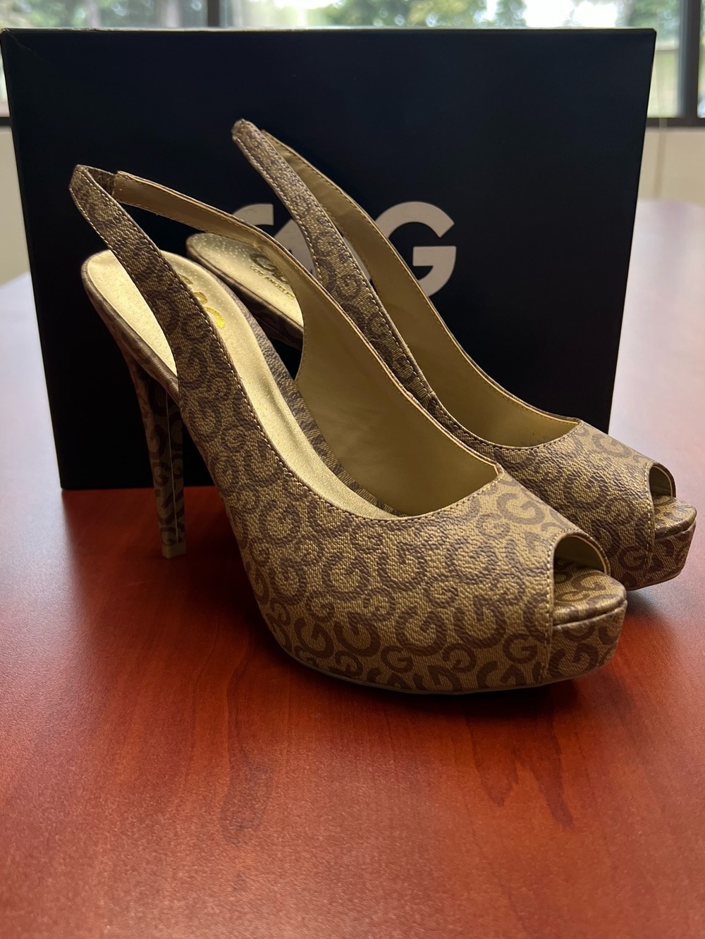 G by Guess Brown Logo-Print Slingback Peep Toe Platform Heel